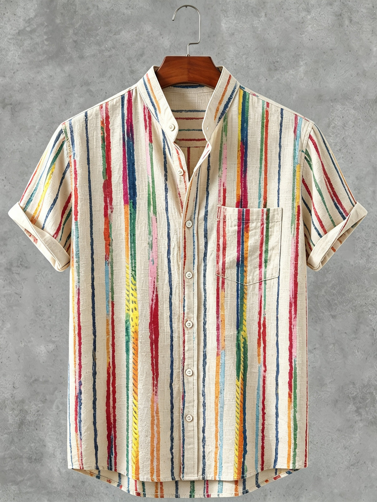Men's Retro Colorful Graffiti Stripes Print Cotton Linen Short-sleeve Shirt