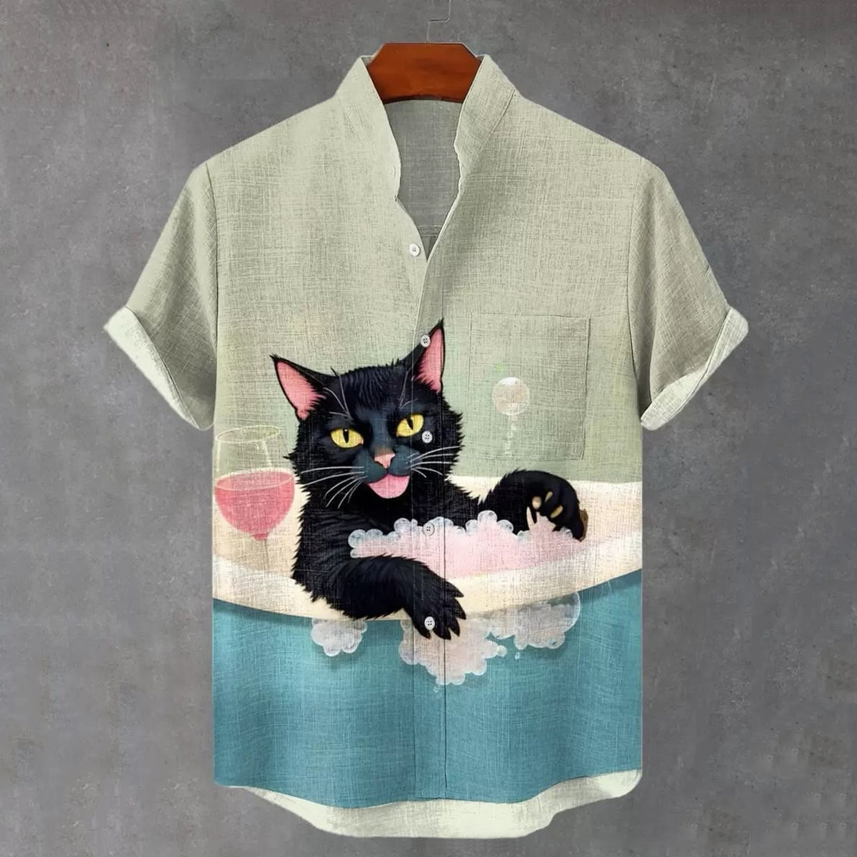 Men's Fun Bathing Cat Print Casual Linen Blend Short-sleeve Shirt