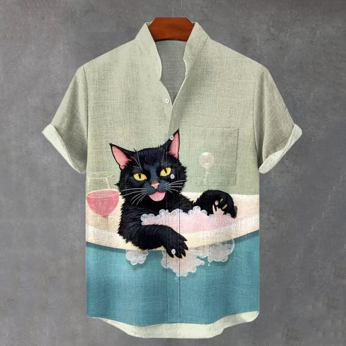 Men's Fun Bathing Cat Print Casual Linen Blend Short-sleeve Shirt