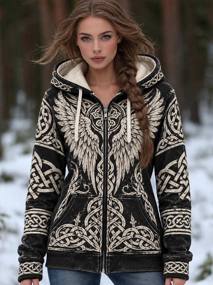 Women's Vintage Viking Wing &celtic Knot Art Print Zip Up Hoodie