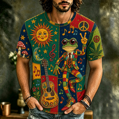 Men's Boho Frog Music Patchwork Psychedelic Peace & Sun Moon Art Print T-shirt
