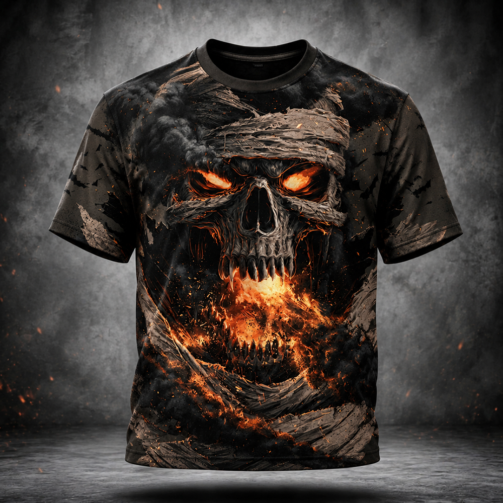 Men's T-shirt With Mummy Skull And Fire Pattern