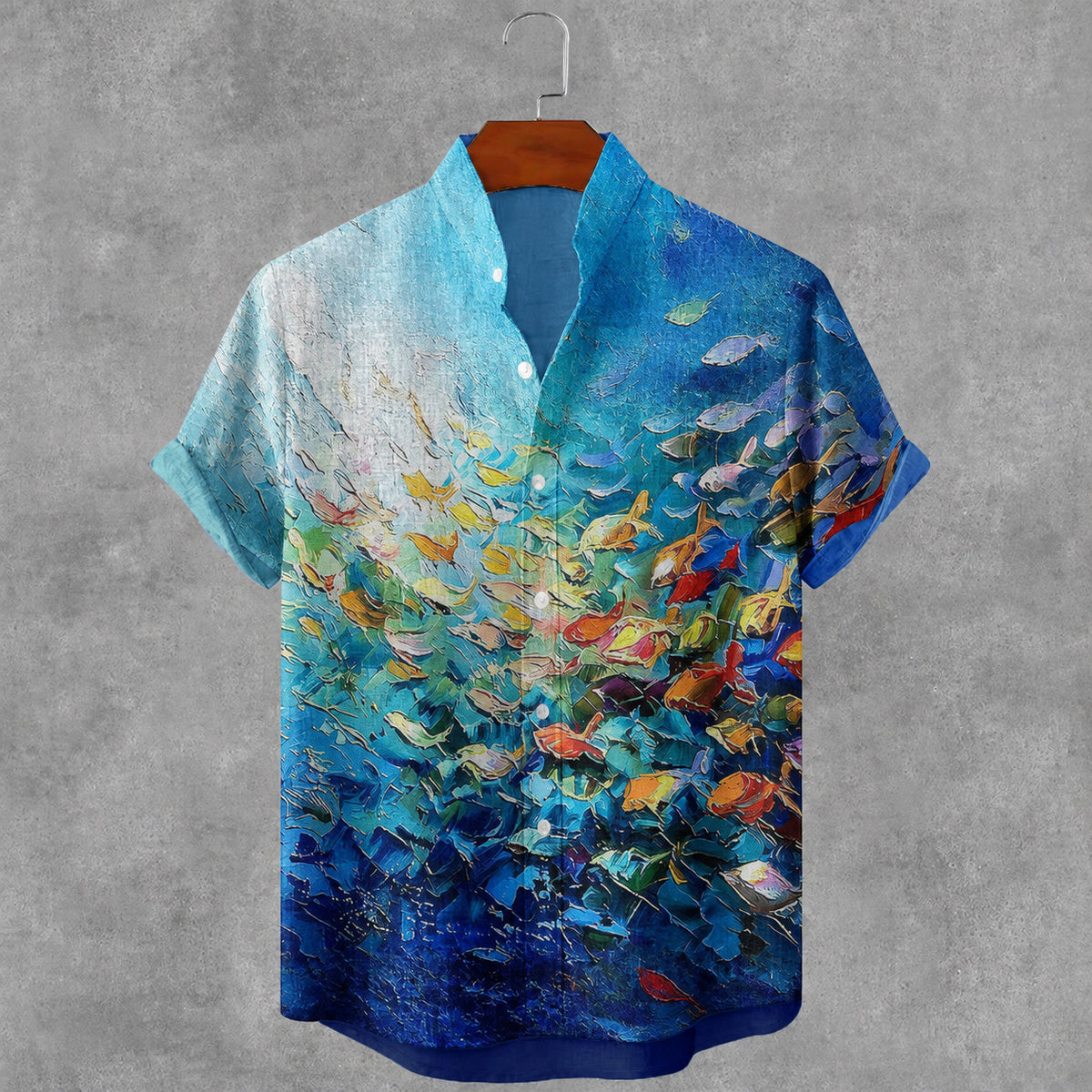 Men's Oil Painting Fish Art Print Short Sleeve Casual Shirt