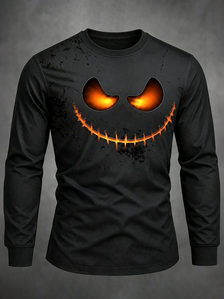 Men's Halloween Pumpkin Face Print Long-sleeve T-shirt