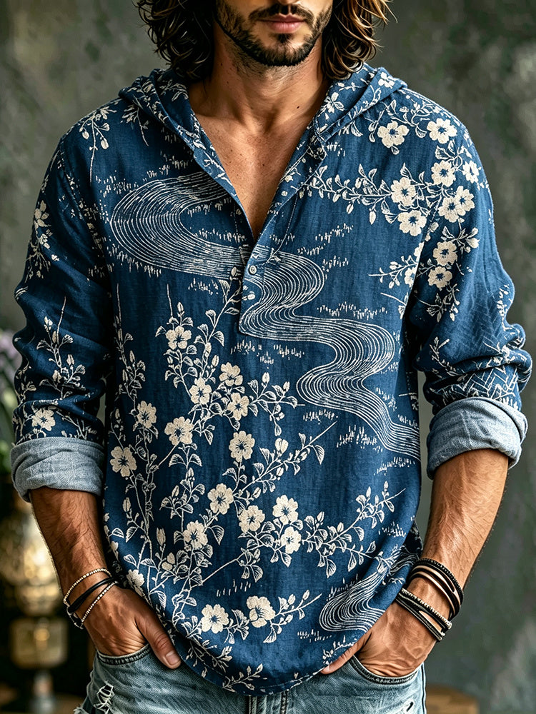 Men's Japanese Art Vacation Floral Cotton Linen Hooded Top