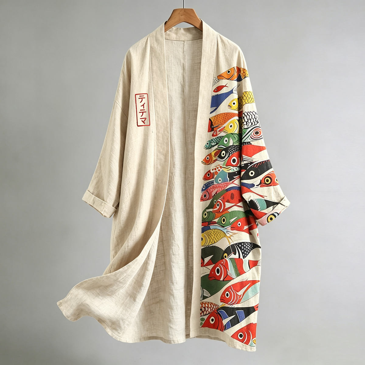 Men's Japanese Fish Art Pattern Linen Kimono Cardigan