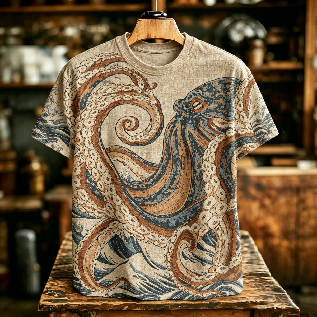 Men's Retro Japanese Art Octopus Print Cotton Linen T-shirt