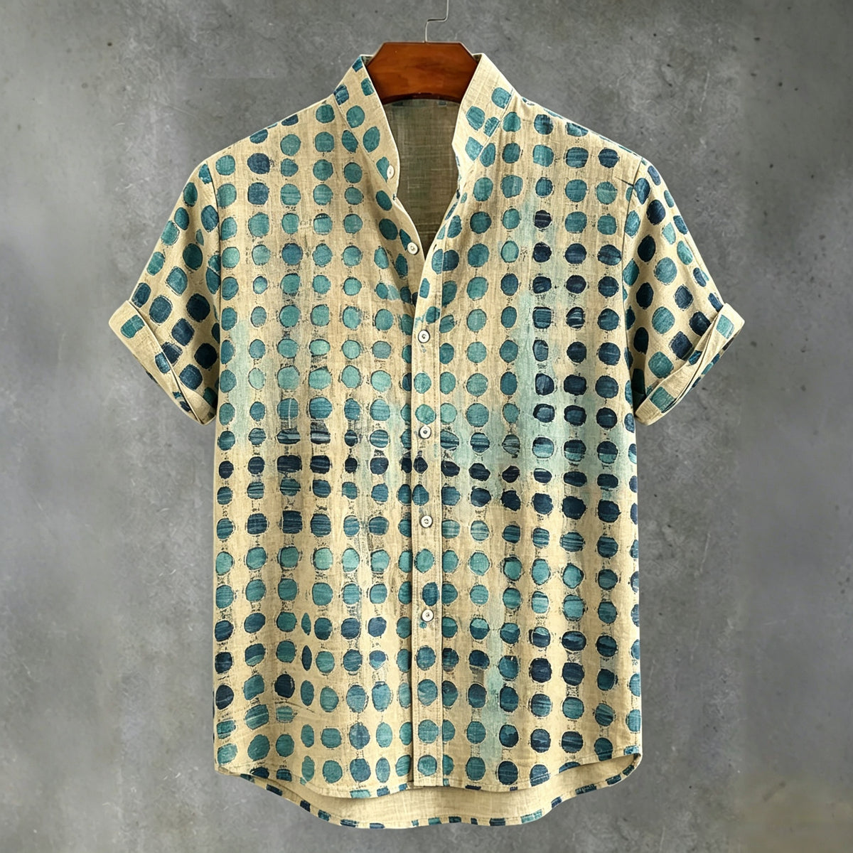 Abstract 70s Hippie Gradient Teal‑blue Distressed Oval‑dot Art Print Men's Short Sleeve Button Up Shirt