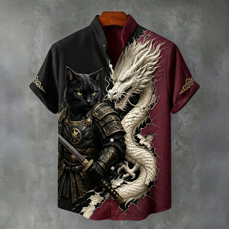 Herren Vintage Schwarz Katze Krieger Und Weißer Drache Japanische Kunst Druck Leinenmischung Lässiges Hemd