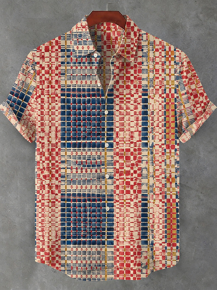 Men's Vintage Japanese Geometric Art Print Cotton-linen Blend Short-sleeved Shirt