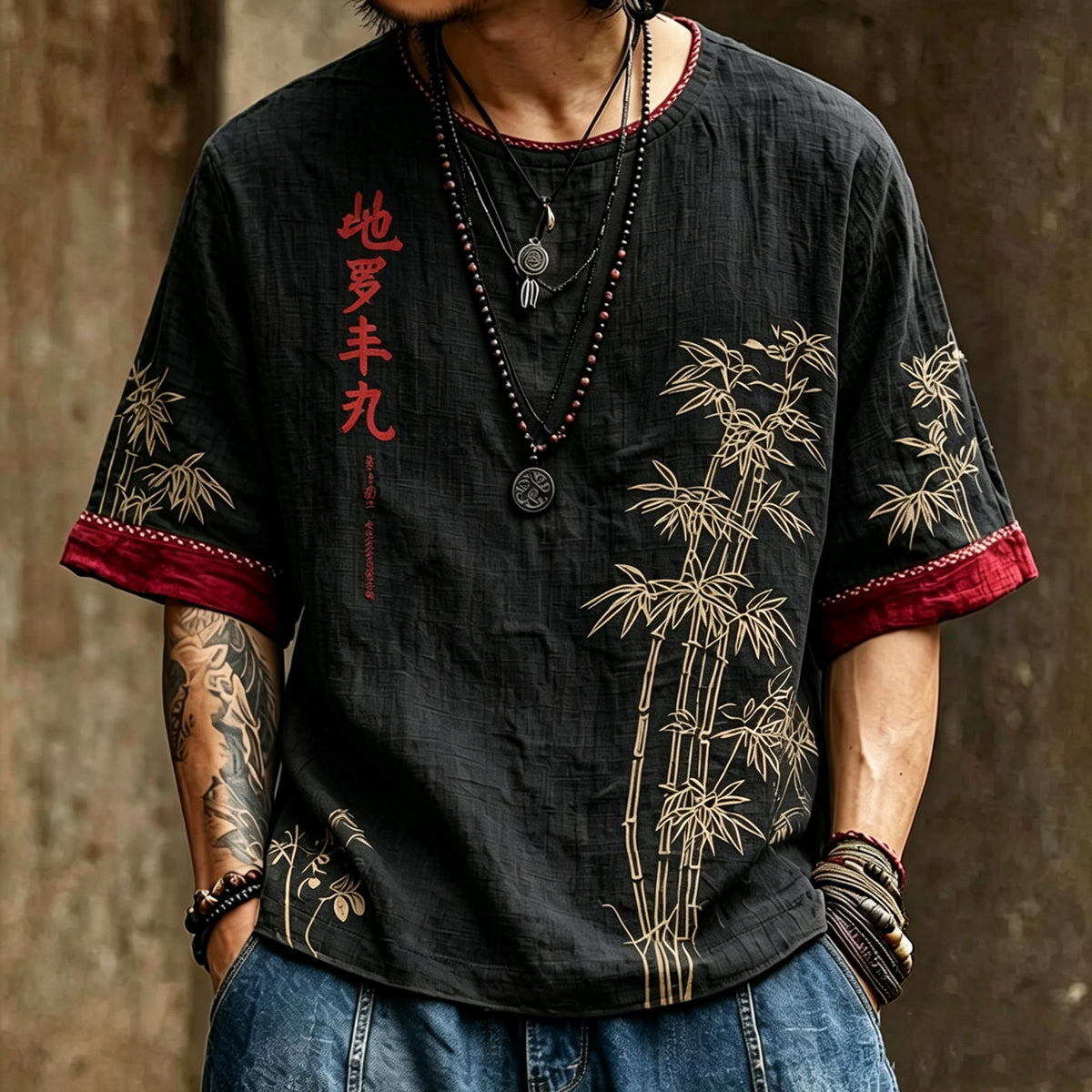 Men's Vintage Japanese Bamboo Leaf And Calligraphy Art Pattern T-shirt