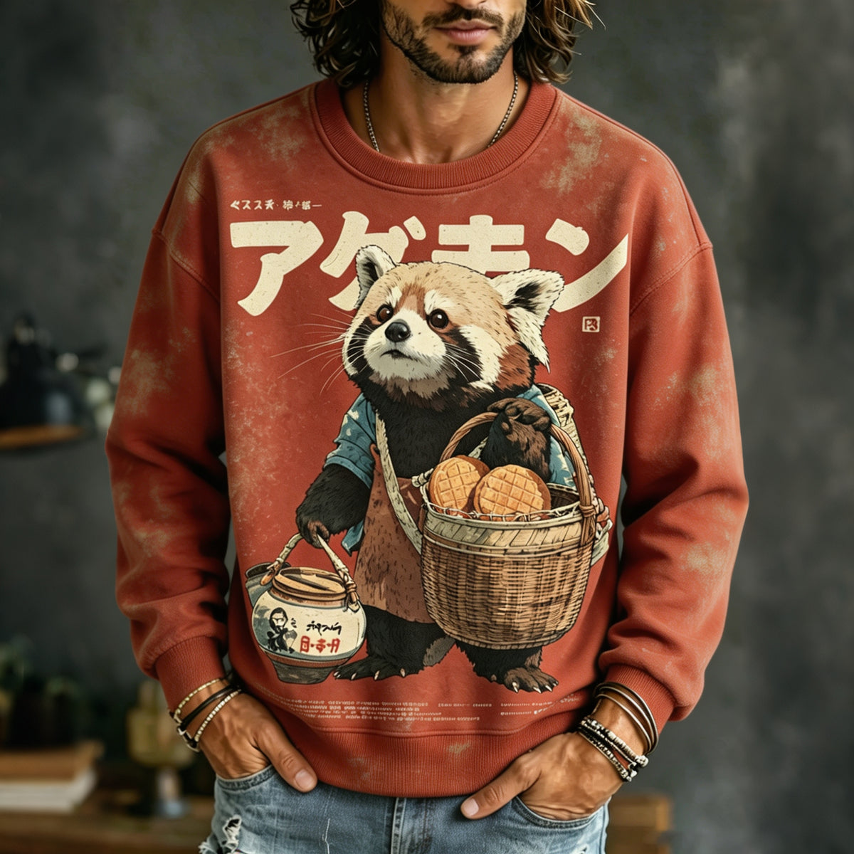 Men's Japanese Raccoon Tea House Art Print Vintage Sweatshirt