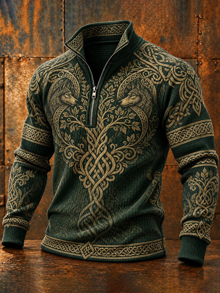 Men's Retro Casual Wolf Tree Of Life Print Zip-up Sweatshirt