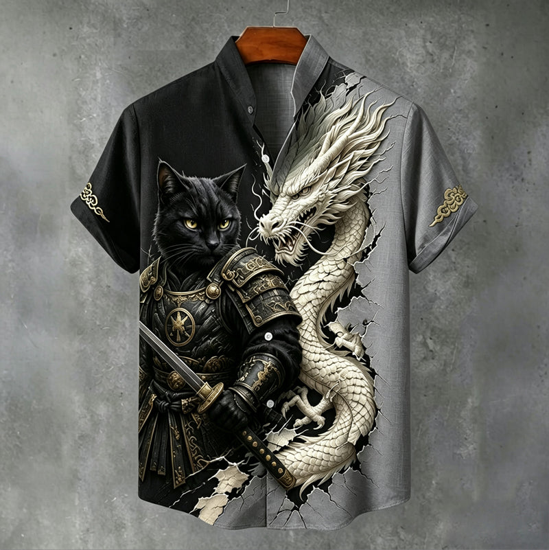 Herren Vintage Schwarz Katze Krieger Und Weißer Drache Japanische Kunst Druck Leinenmischung Lässiges Hemd
