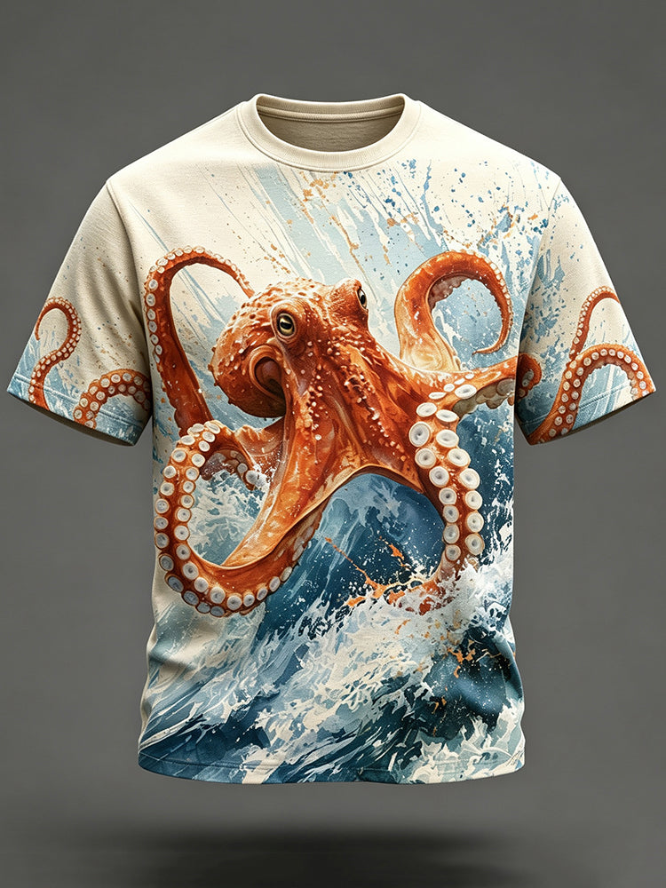 Men's Retro Japanese Octopus Wave Print Casual T-shirt