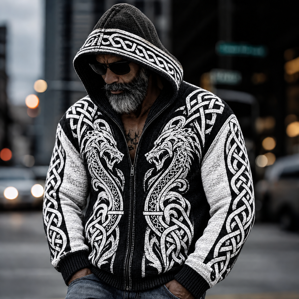 Men's Vintage Viking Dragon Celtic Knot Cozy Warm Knitted Jacquard Zipper Hooded Sweater