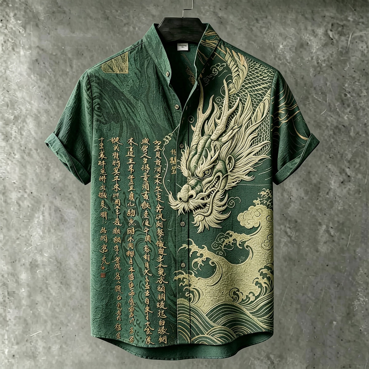 Men's Retro Japanese Art Dragon And Calligraphy Embroidered Print Short-sleeve Shirt