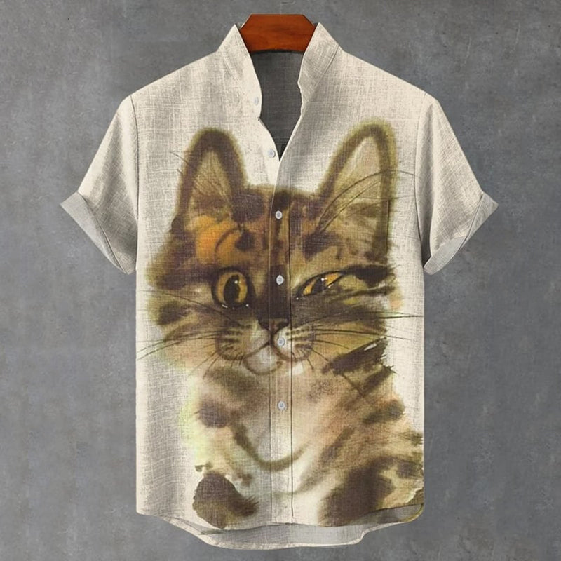 Men's Retro Fun Cat Print Casual Linen Blend Shirt