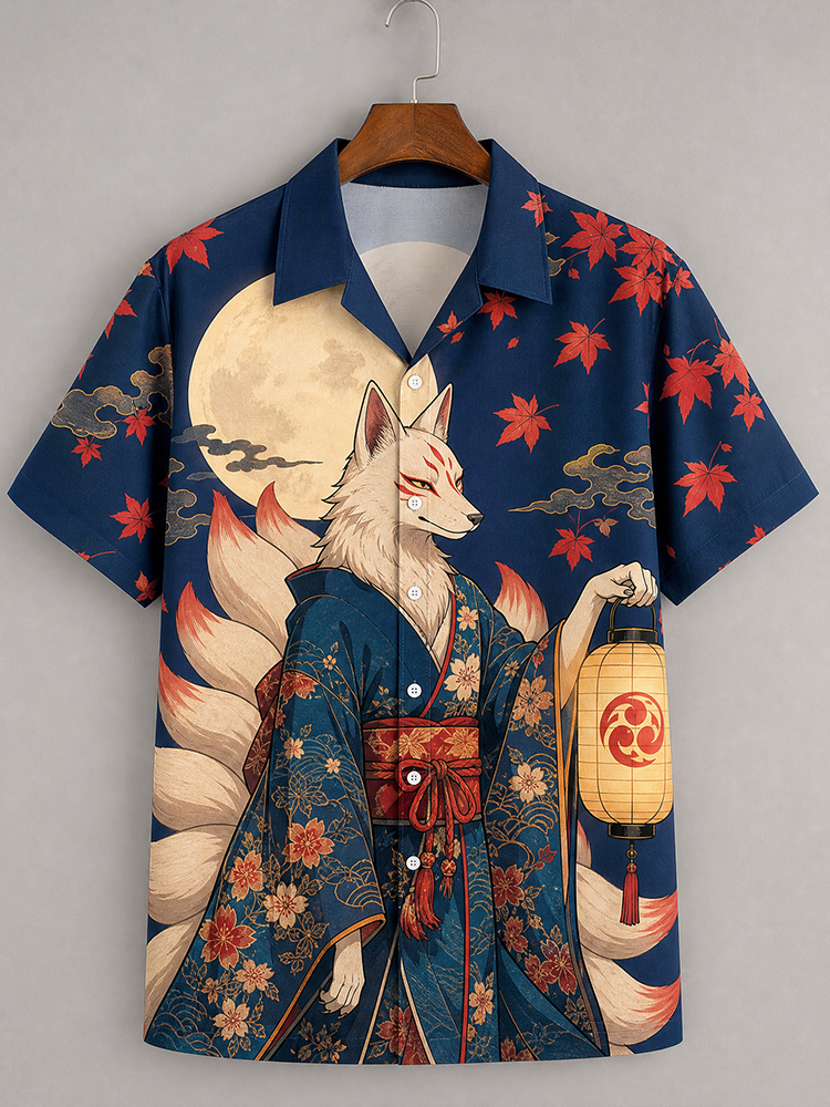 Men's Japanese Ukiyo-e Nine-tailed Fox And Maple Leaf Print Short Sleeve Shirt