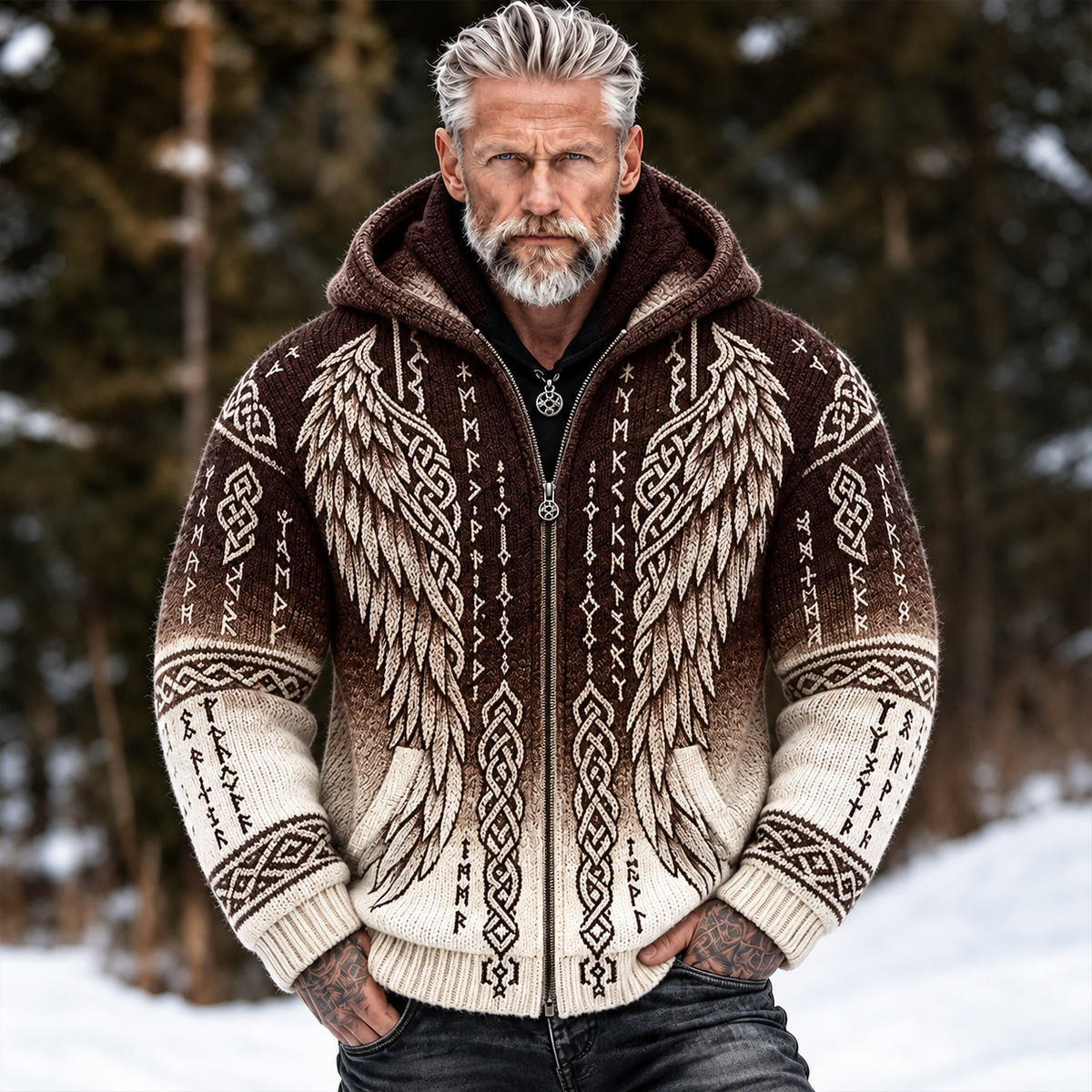 Men's Vintage Viking Style Wings And Celtic Knot Art Jacquard Hooded Cardigan Sweater