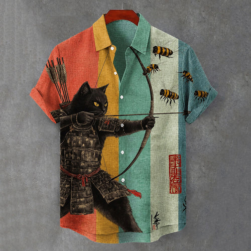 Men's Black Cat Tribal Warrior Japanese Kyudo Color Block Print Short Sleeve Shirt