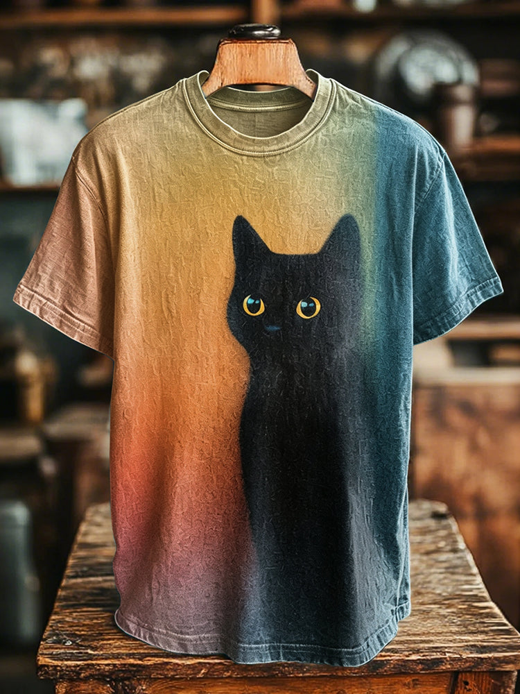 Abstract Creative Black Cat Pattern Casual Crew Neck T-shirt