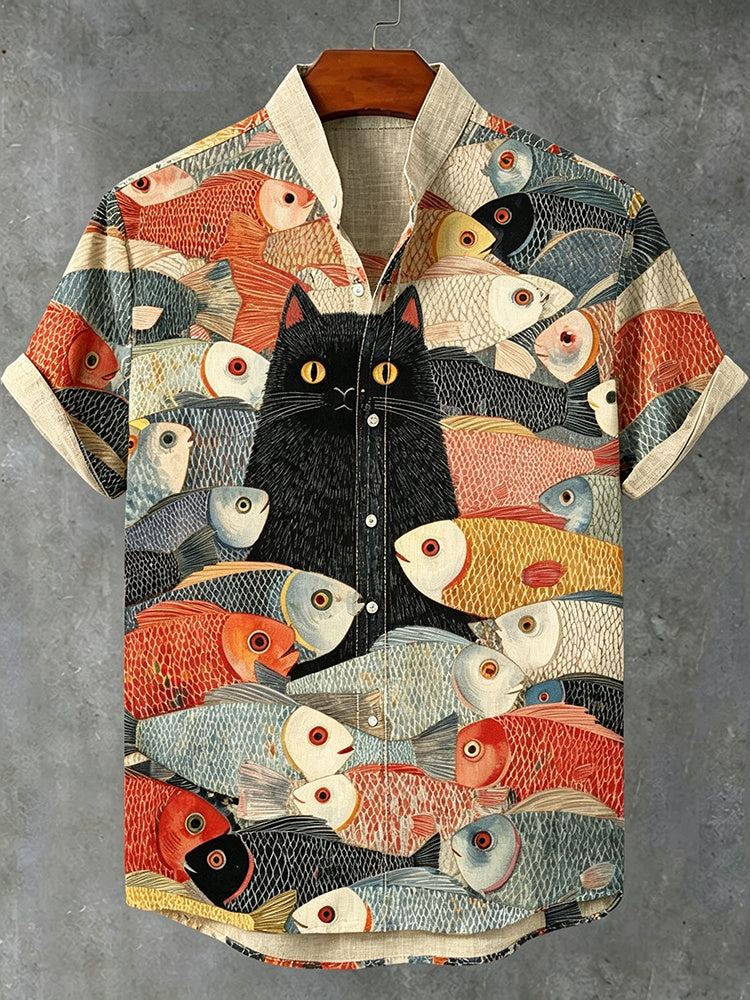 Men's Retro Artistic Cat And Fish Print Cotton Linen Short-sleeve Shirt