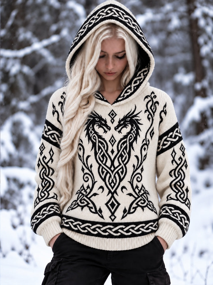 Women's Nordic Celtic Knot Dragon Pattern Loose Hoodie Long-sleeve Knit Pullover