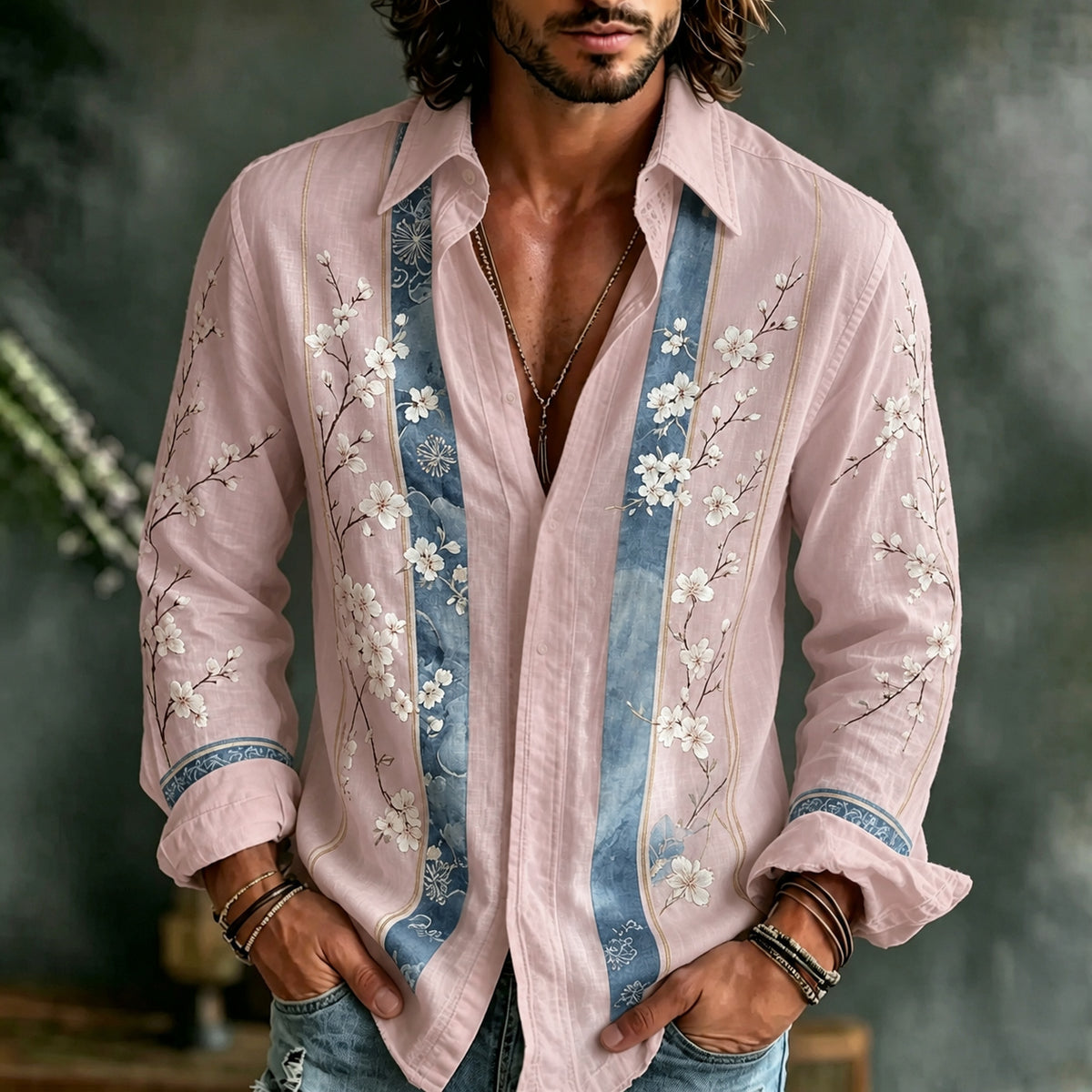 Men's Retro Bohemian Striped Color-blocked Japanese Cherry Blossom Embroidered Print Shirt