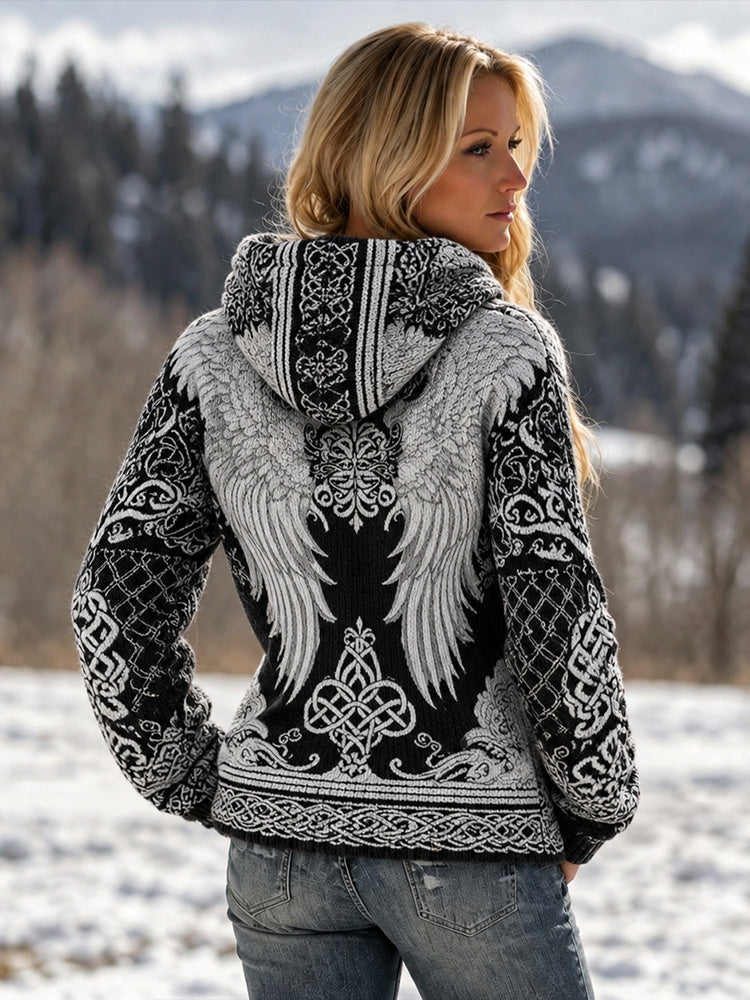 Women's Vintage Viking Celtic Knot And Wings Jacquard Casual Hoodie Sweater