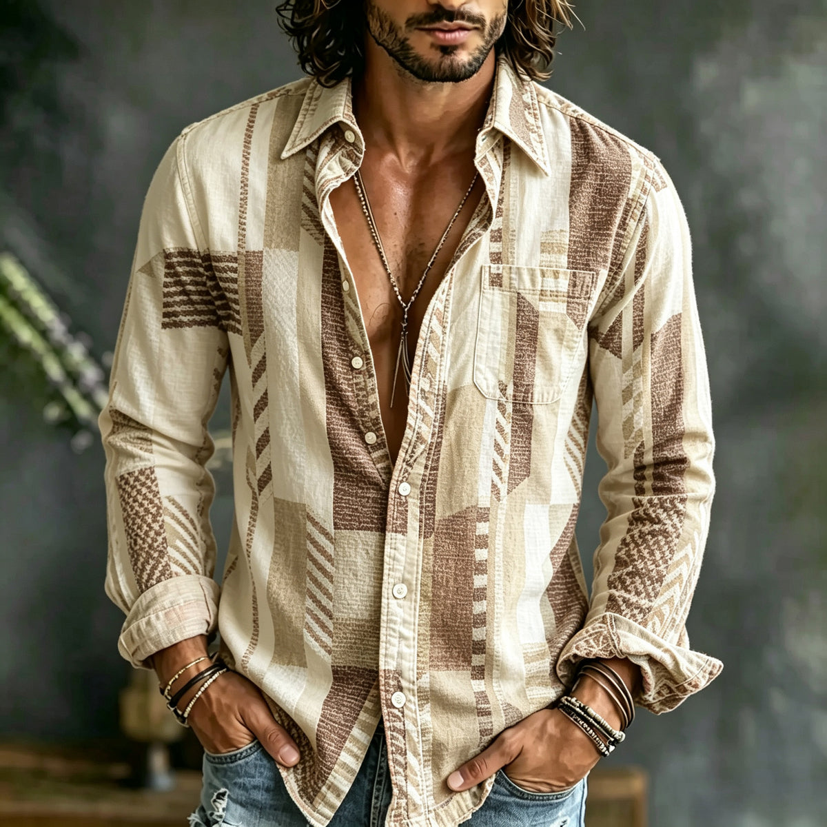 Men's Retro Geometric Art Print Linen Blend Long-sleeve Shirt