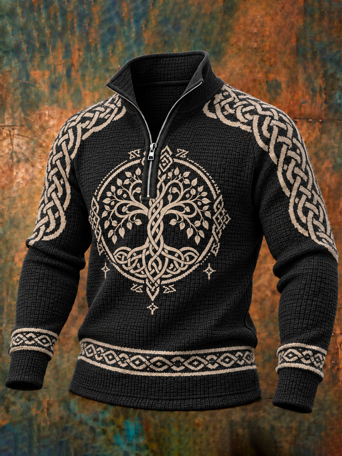 Men’s Vintage Tree Of Life And Celtic Knot Print Long-sleeve Waffle-knit Sweatshirt