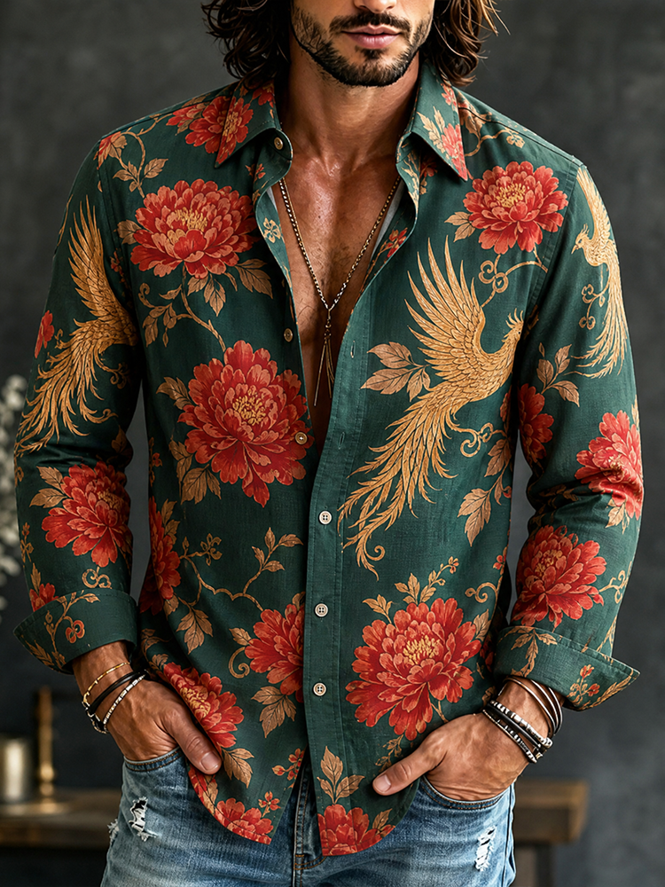 Men's Dark Green Vintage Peony And Golden Phoenix Print Long Sleeve Shirt