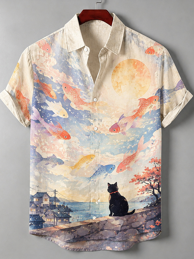 Men's Casual Short Sleeve Button-down Shirt With Watercolor Koi Fish, Moon, And Coastal Town Landscape