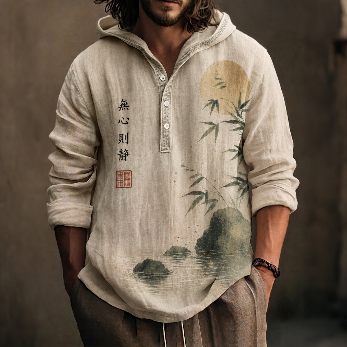 Men's Vintage Japanese Bamboo Art Print Long Sleeve Hoodie