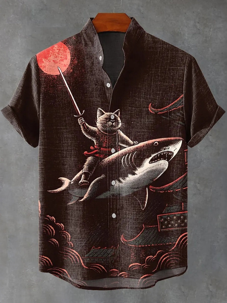 Vintage A Samurai Cat Riding A Shark Print Casual Shirt