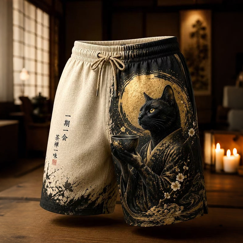 Men's Black Cat Drinking Tea Japanese Tea Ceremony Art Print Casual Shorts