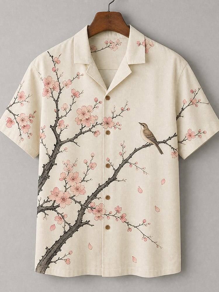 Men's Off-white Cherry Blossom And Little Bird Print Short Sleeve Shirt