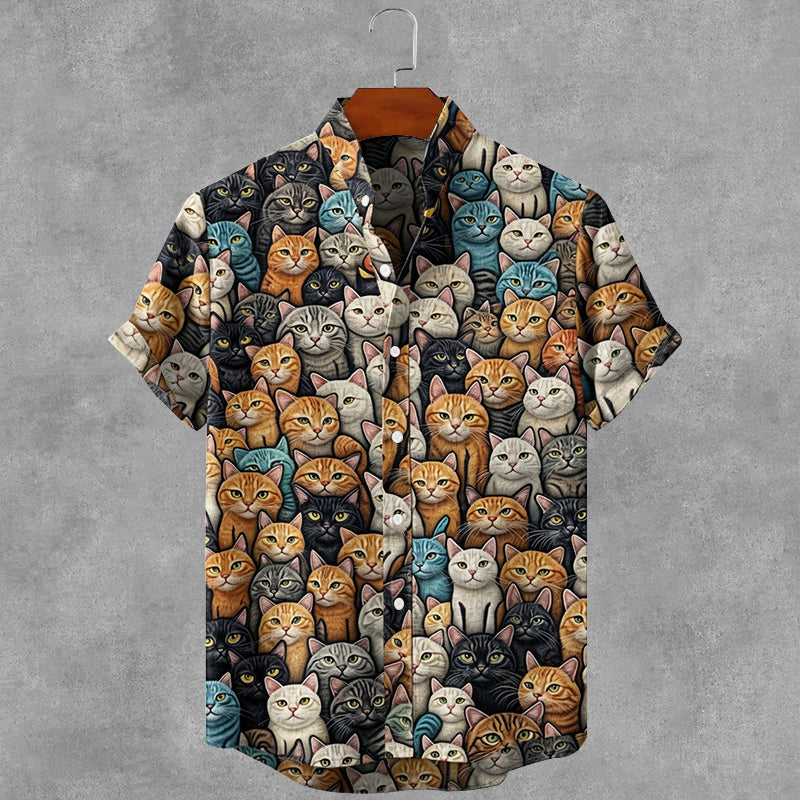 Vintage Cute Cats Art Print Casual Cotton Linen Shirt