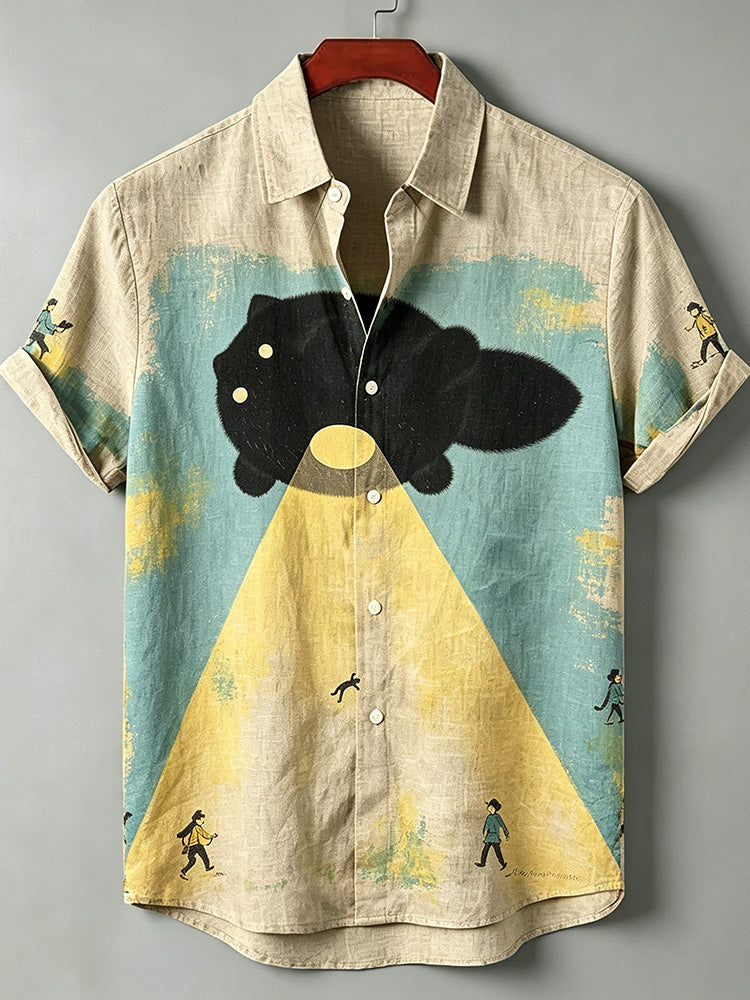 Linen Casual Retro Surreal Giant Black Cat Beam Pattern Art Print Summer Beach Resort Shirt