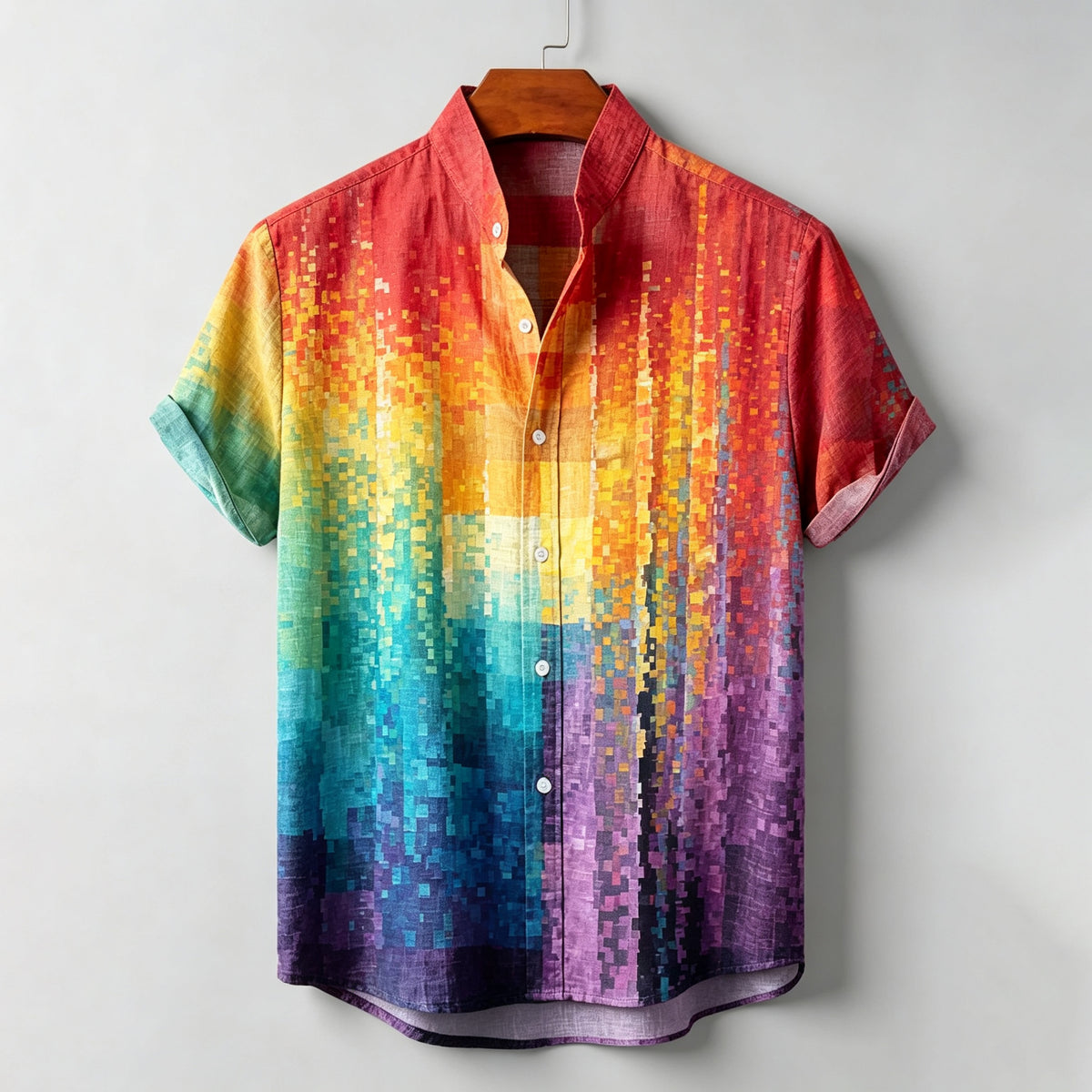 Herren Hemd mit abstraktem Farbverlauf-Geometrie-Kunstdruck aus Leinenmischgewebe und kurzen Ärmeln