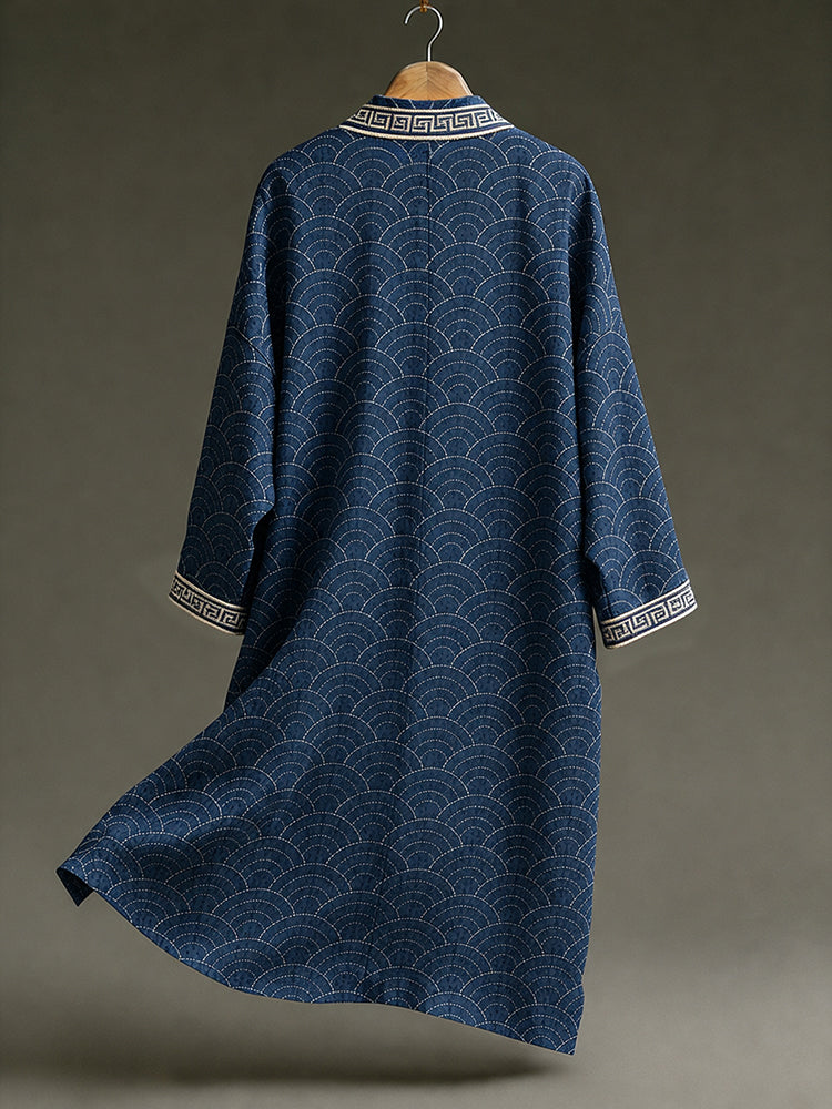 Men's Retro Japanese Wave Art Print Linen Blend Long Kimono
