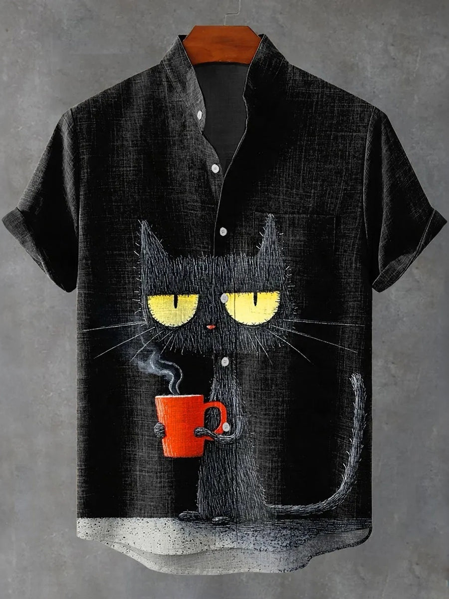 Men's Vintage Black Cat Art Print Casual Cotton Linen Shirt
