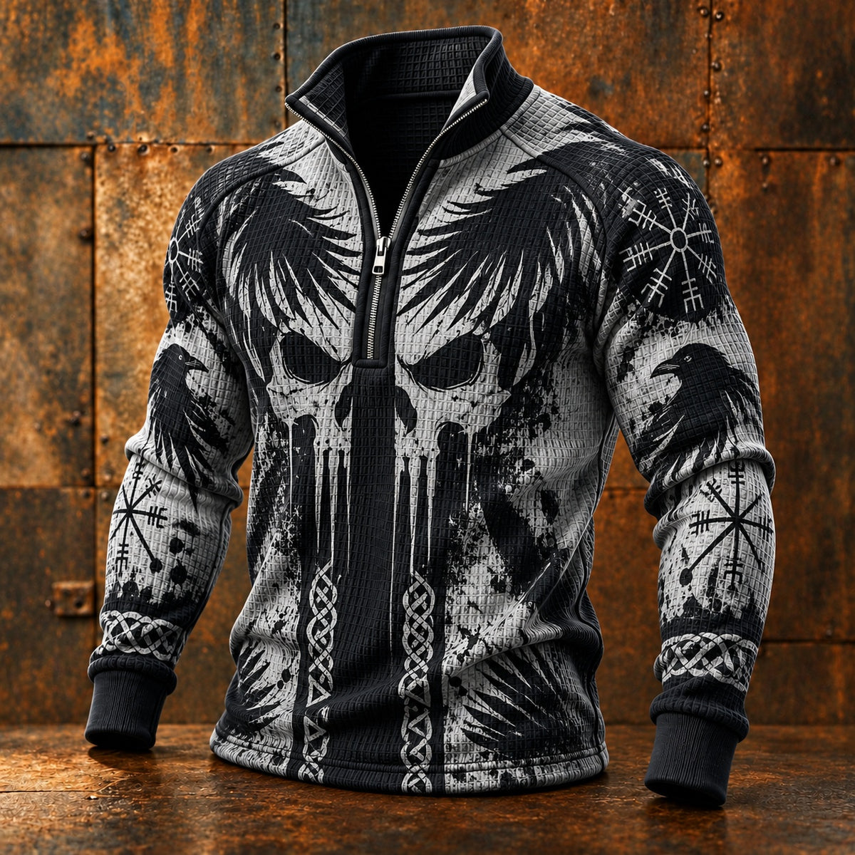 Men's Retro Viking Skull And Raven Print Zip-up Sweatshirt