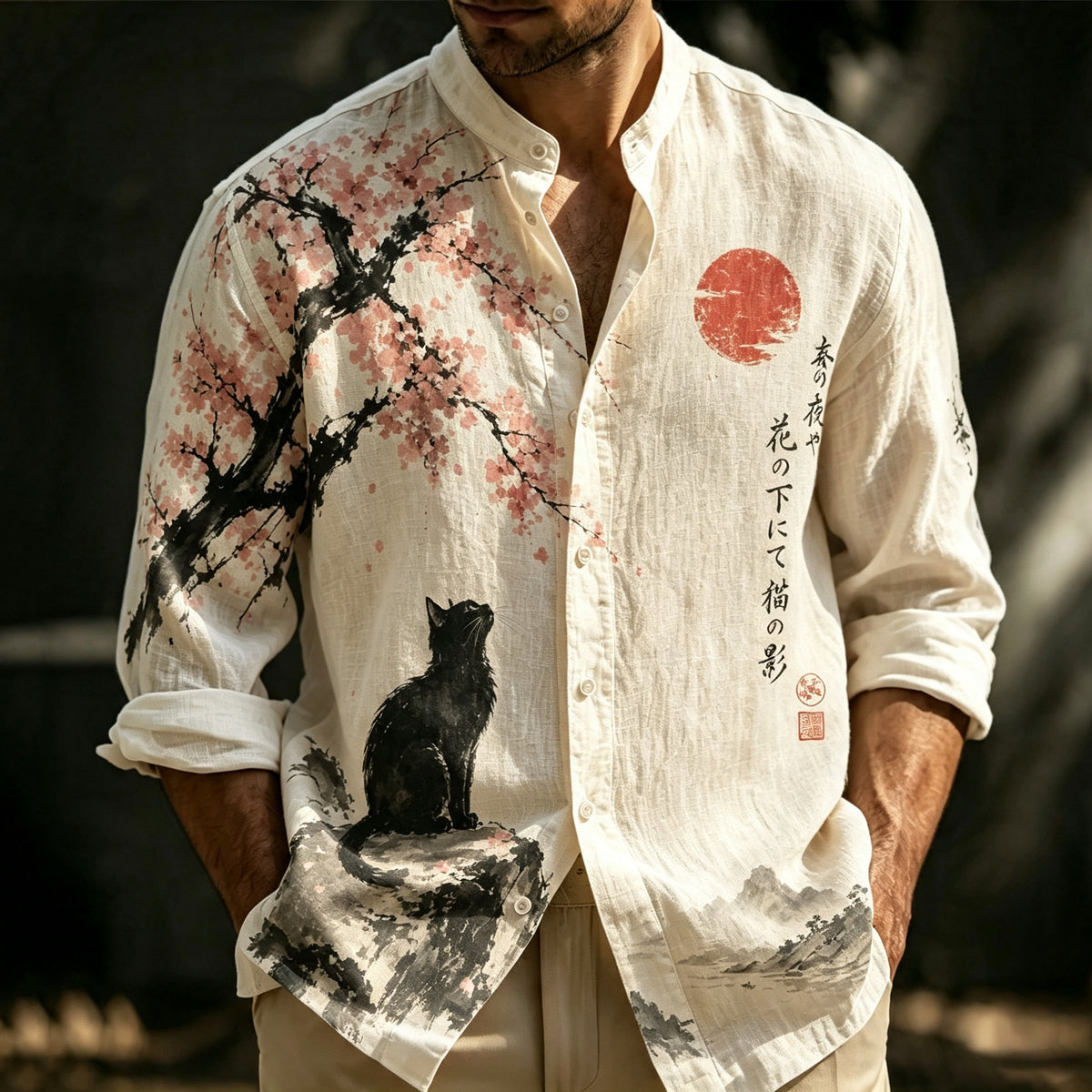 Men's Vintage Japanese Cat Under The Cherry Blossom Tree Art Print Long Sleeve Shirt