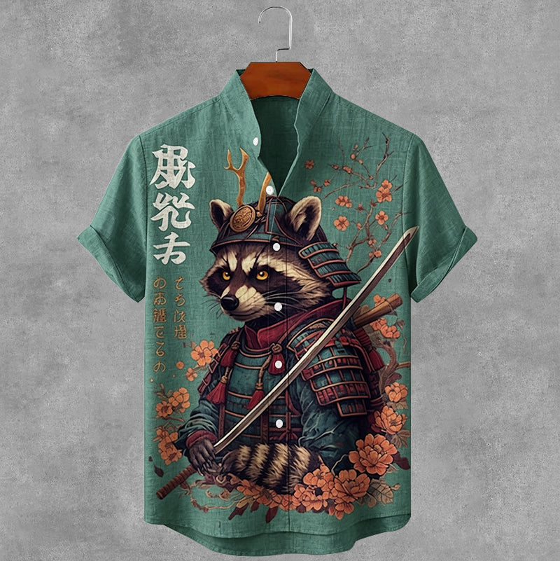 Vintage Japanese Raccoon Art Button Casual Cotton Linen Shirt