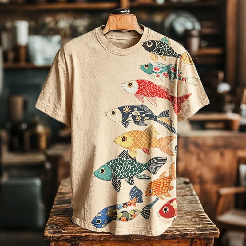 Men's Retro-style Colorful Koi Frog Japanese Art Print Casual T-shirt