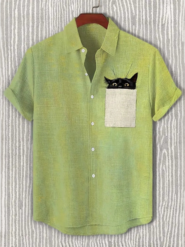 Men's Black Cat Hiding In Pocket Print Casual Linen Shirt
