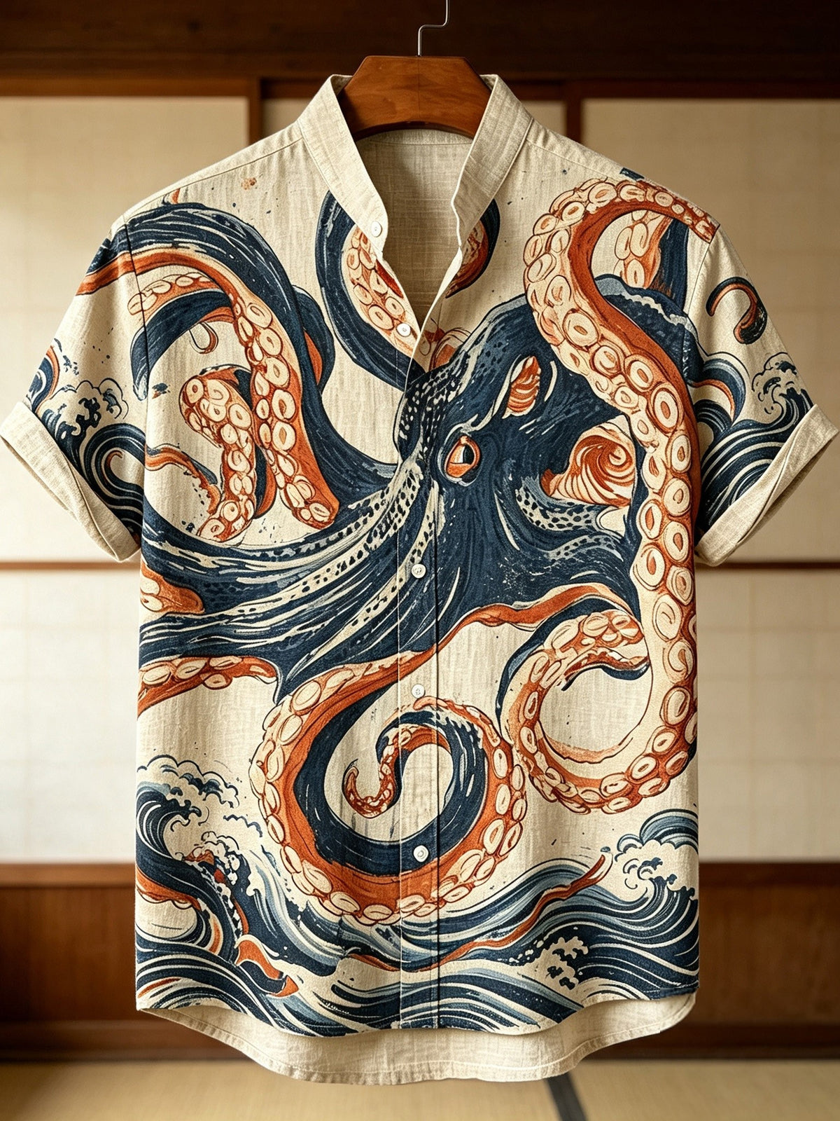 Men's Retro Japanese Art Octopus And Wave Print Cotton Linen Short-sleeve Shirt