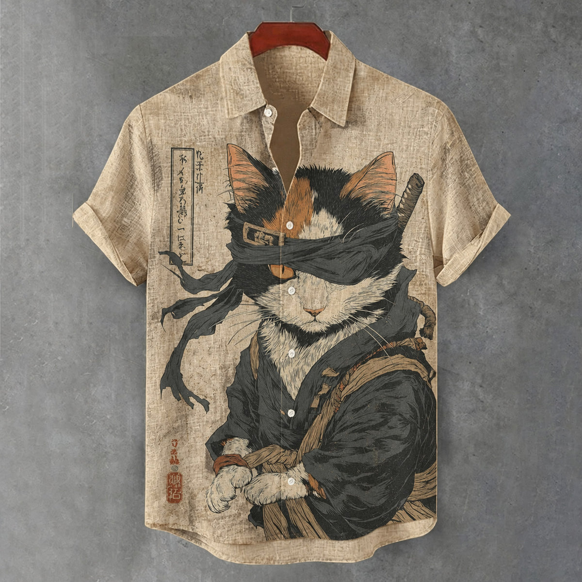 Men's Retro Japanese Cat Print Cotton Linen Shirt